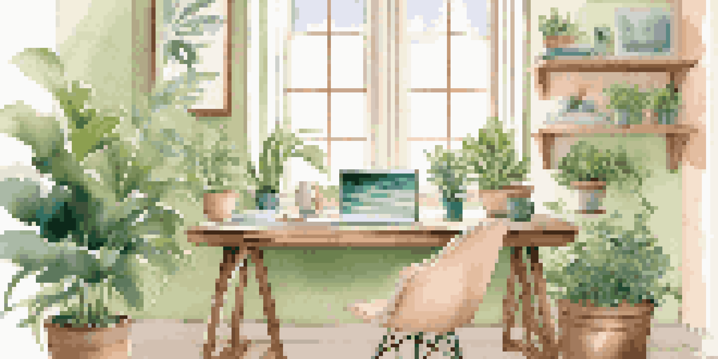 A bright and inviting home office with a laptop and plants, sunlight coming through the window.