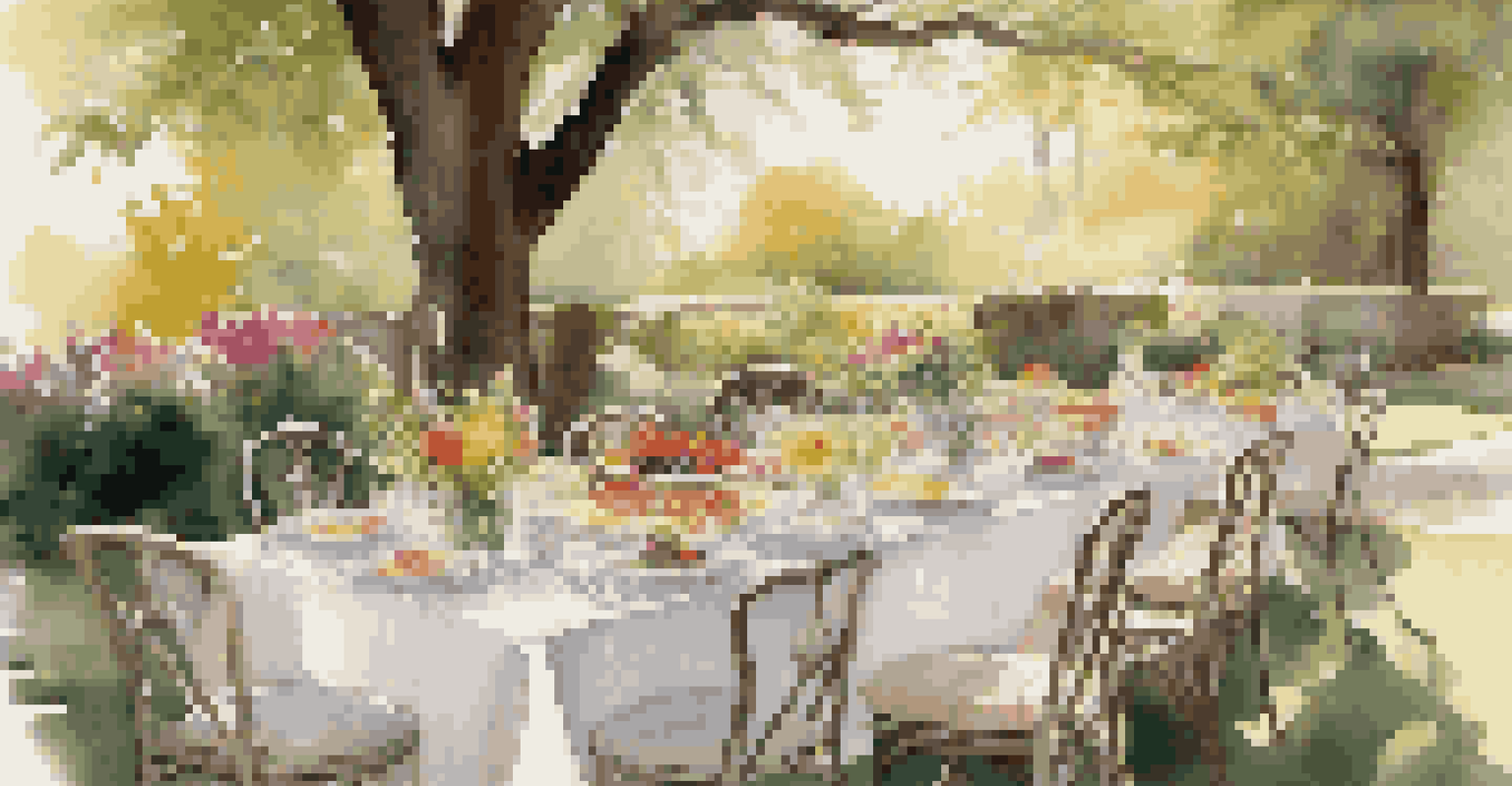 An elegant outdoor brunch in a garden with a beautifully set table, fresh flowers, and guests enjoying gourmet food under sunlight.
