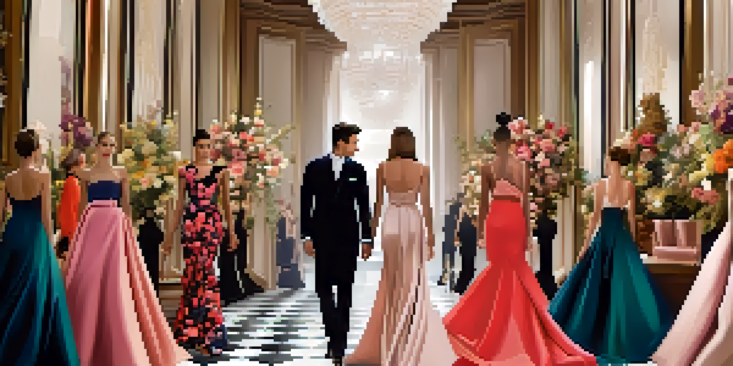 A lively runway scene from Paris Fashion Week with models in elegant outfits, floral decorations, and an enthusiastic audience.