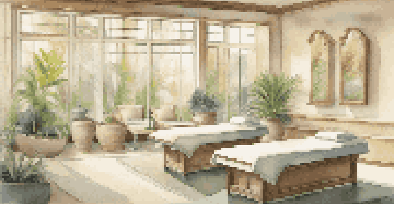 A serene spa room with comfortable treatment beds, candles, and natural light.