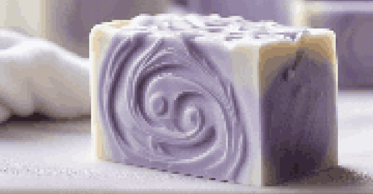 A close-up of a lavender soap bar with purple and white swirls on a white towel, decorated with lavender flowers and water droplets.