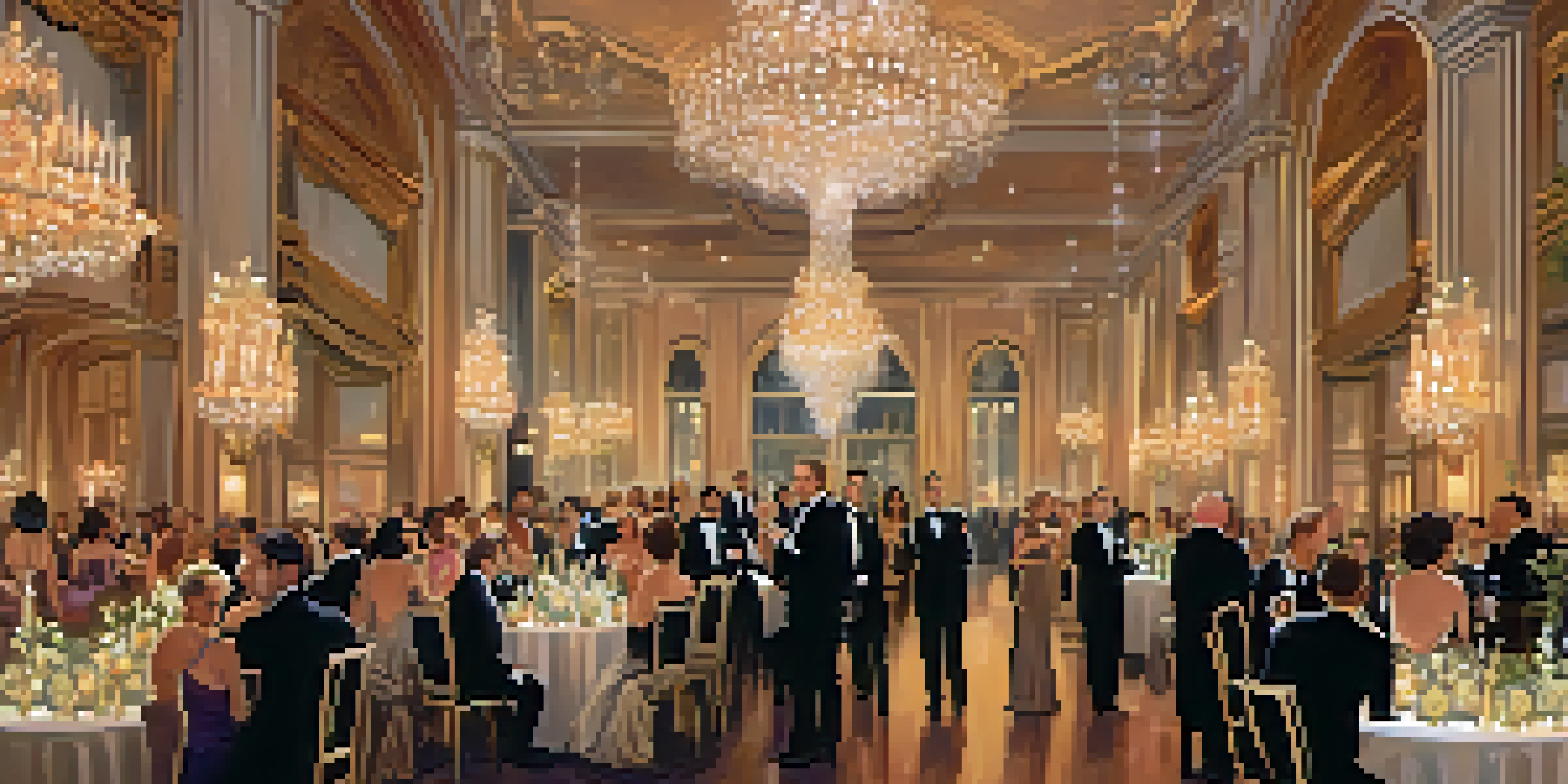 A lavish gala event with elegantly dressed guests in a luxurious ballroom, featuring chandeliers and floral arrangements, promoting a charity.