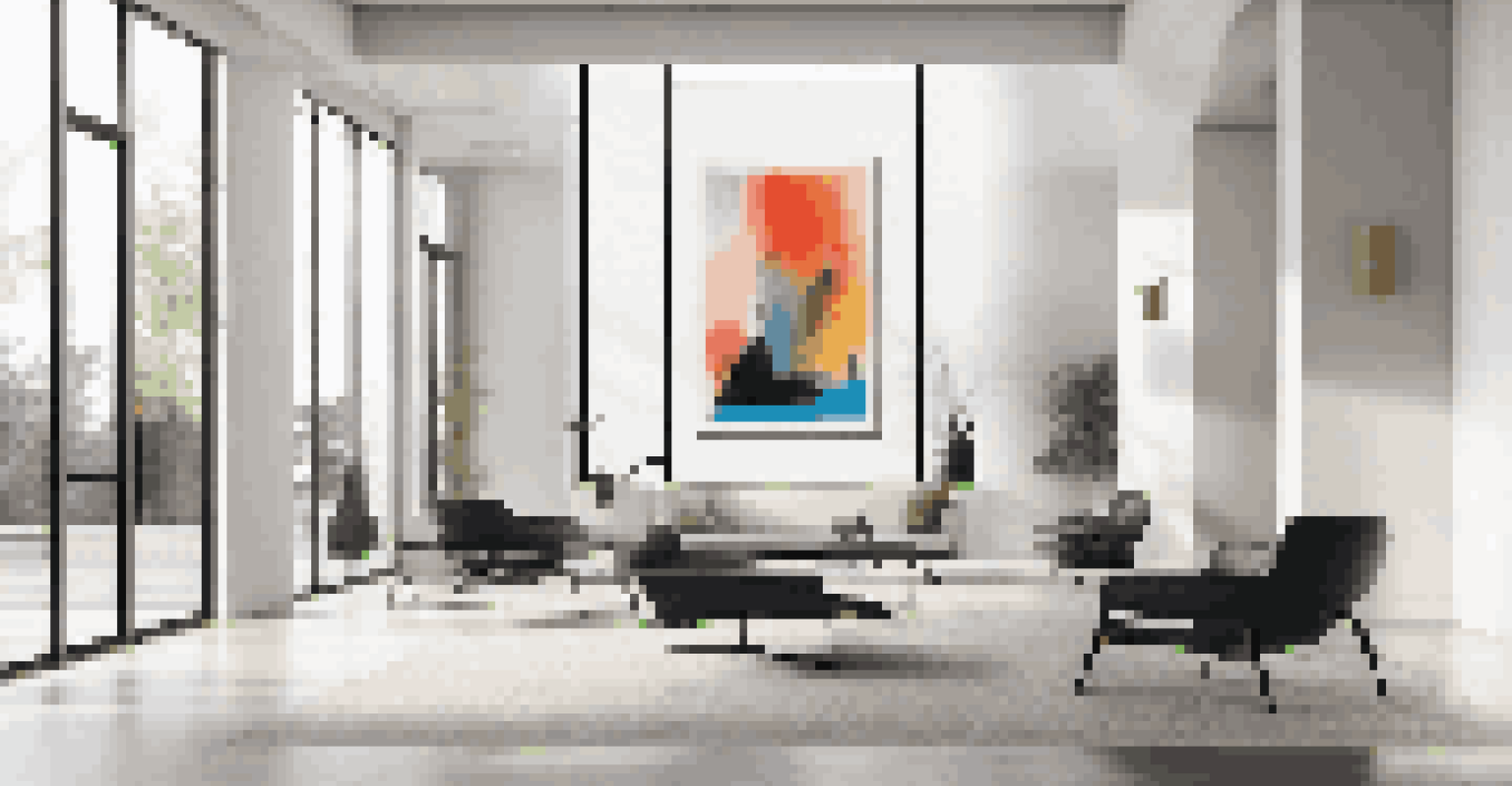 A modern abstract painting in a minimalist black frame, displayed in a bright gallery setting with natural light.