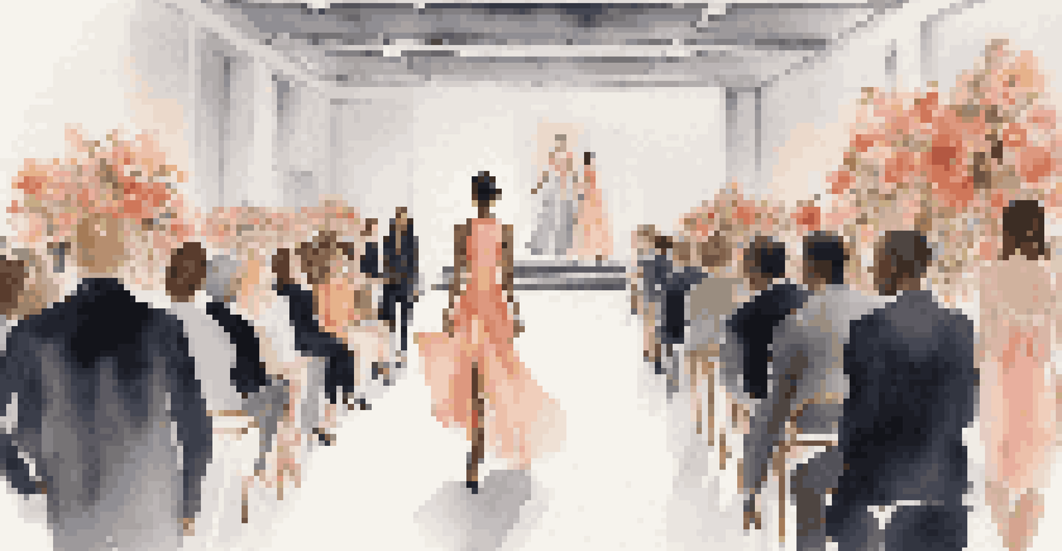 A diverse group of models walking the runway in a modern venue, showcasing innovative and sustainable fashion, with an enthusiastic audience capturing the moment.