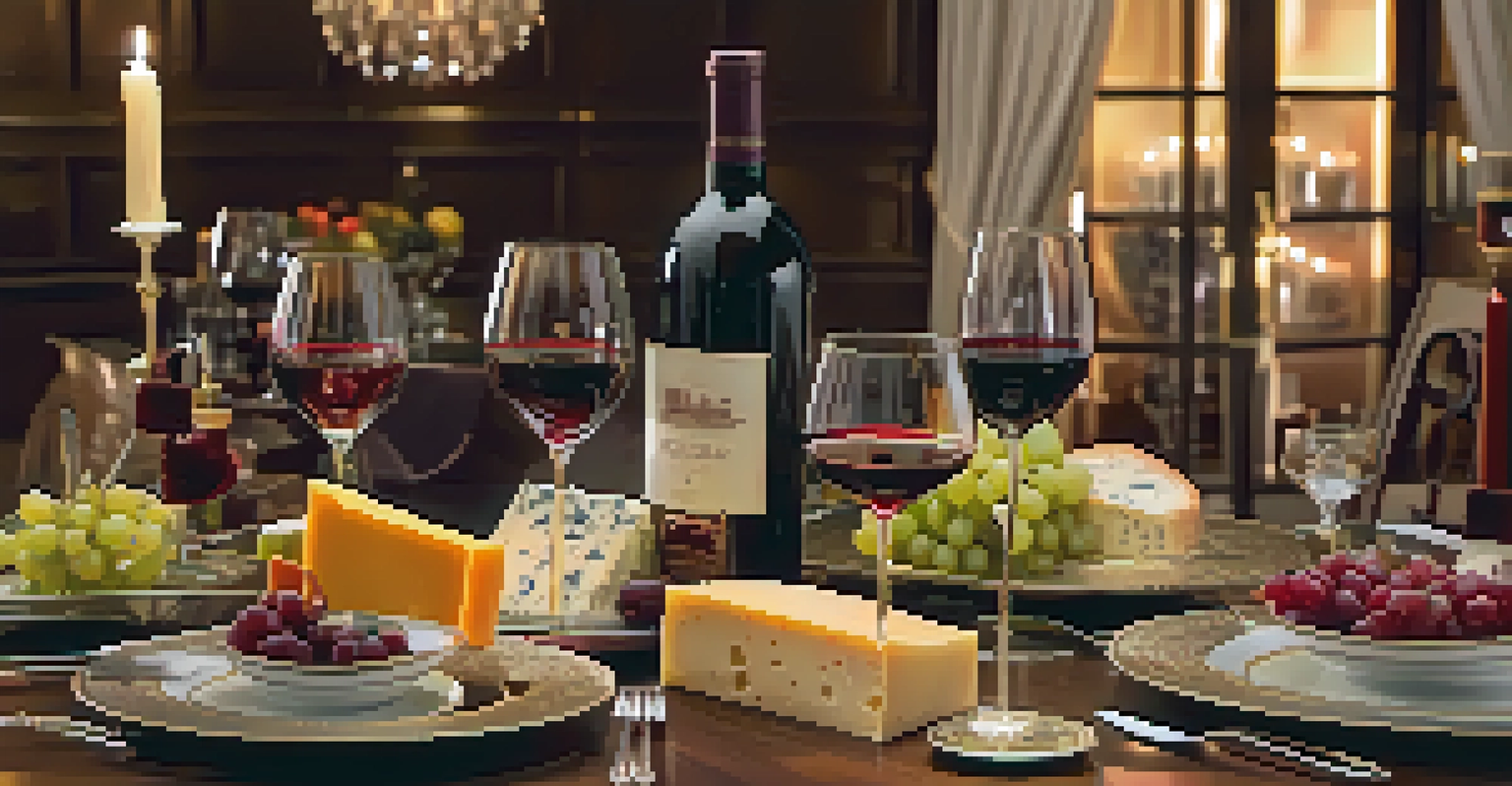 A beautifully set dining table for a wine tasting, featuring gourmet cheeses and a bottle of Bordeaux wine.