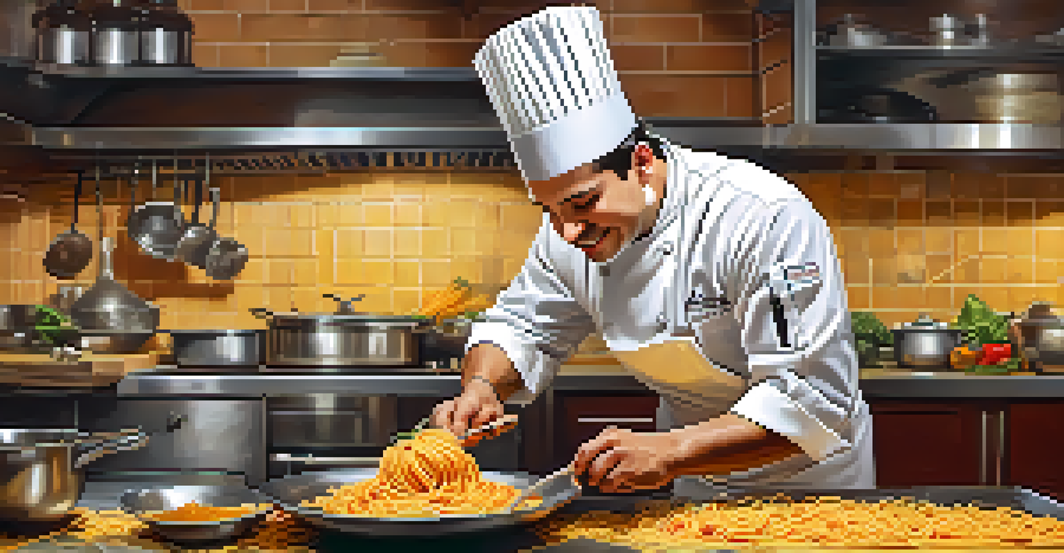 A chef in a modern kitchen preparing pasta with mole sauce, surrounded by fresh ingredients.