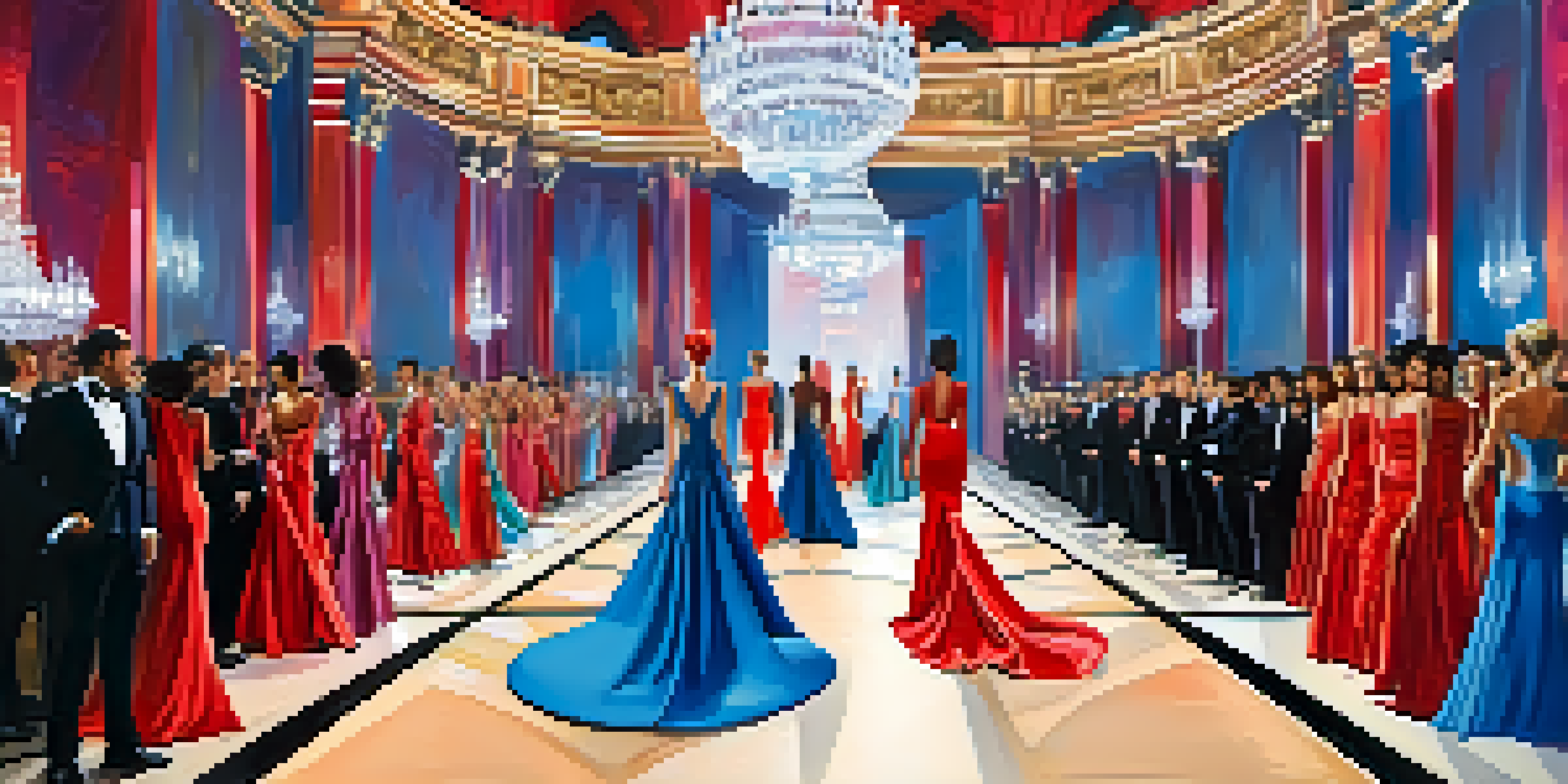 A vibrant fashion runway show with diverse models in avant-garde outfits, elegant venue, and a captivated audience.