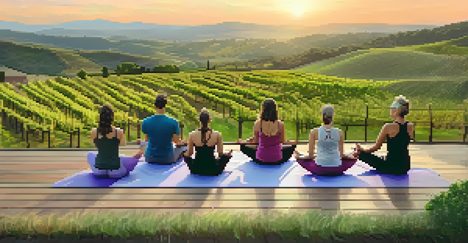 A sunset view of Tuscany with people practicing yoga on a wooden deck, surrounded by rolling hills and vineyards.