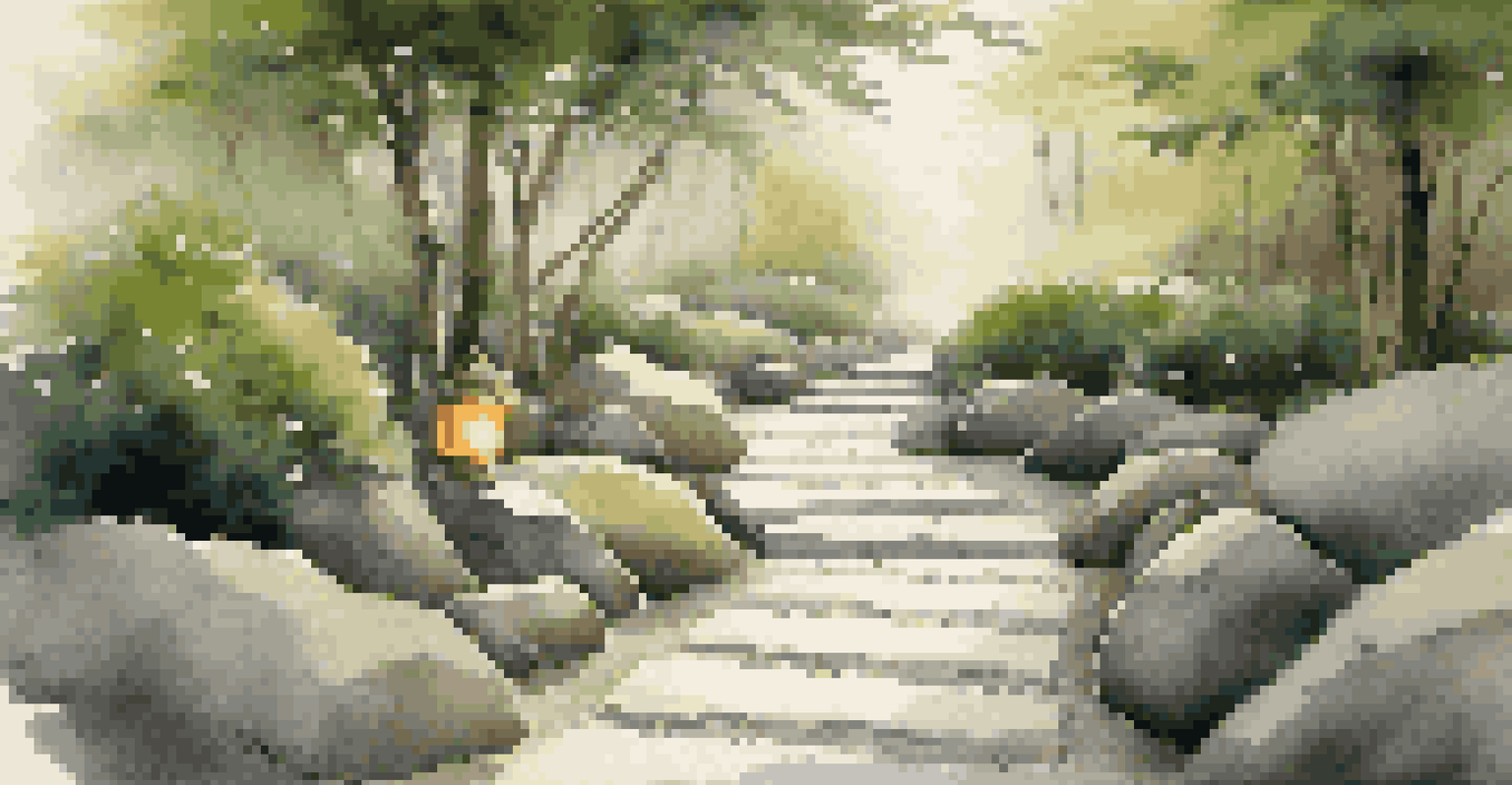 A natural stone pathway in a Zen garden, bordered by bamboo hedges, illuminated by warm lantern light, leading through greenery and rocks.