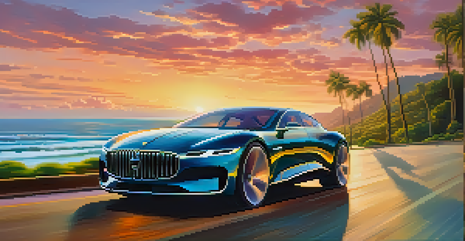 A stylish electric luxury car on a coastal road at sunset, reflecting the colorful sky and surrounded by nature.