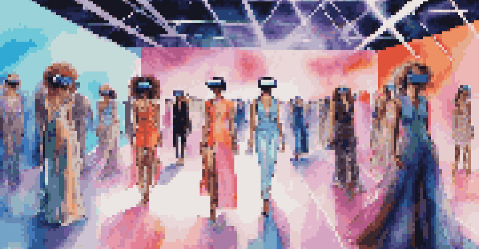 Attendees wearing VR headsets at a virtual reality fashion show, watching holographic models on a digital runway.