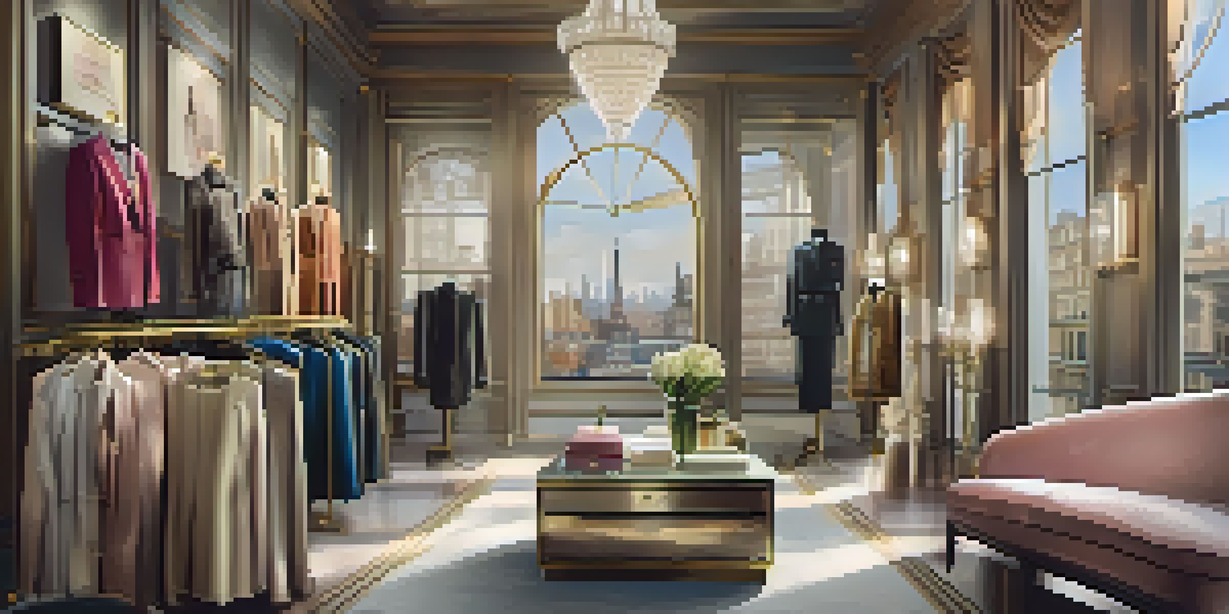 An elegant boutique interior with clothing displays and ambient lighting, featuring artwork related to philanthropy.