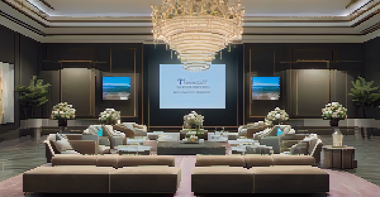 An elegant virtual networking lounge with plush seating and attendees engaged in conversations, creating a warm atmosphere.