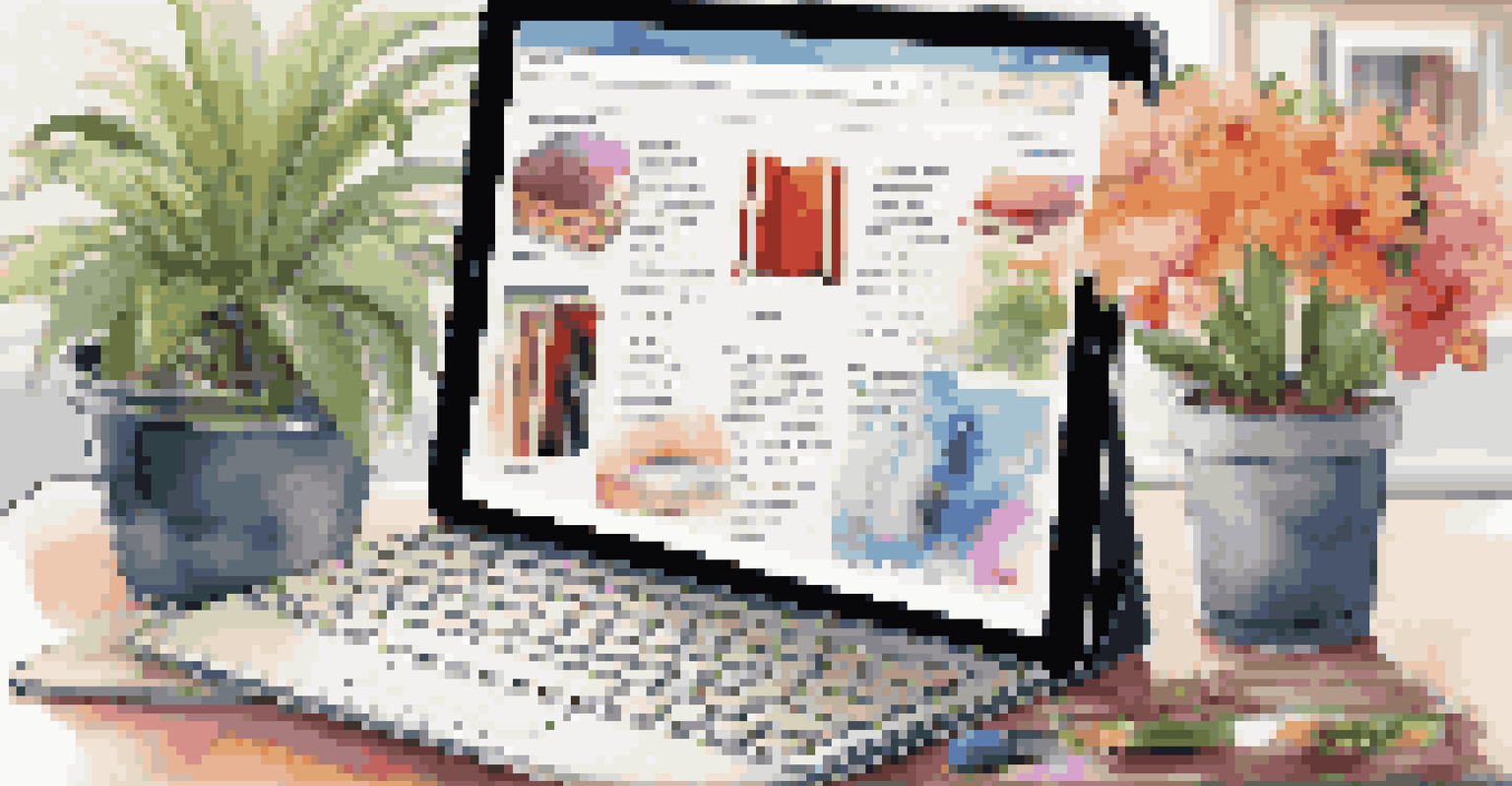 A digital tablet showing a modern book catalog app, placed on a stylish desk with a potted plant and a notebook.
