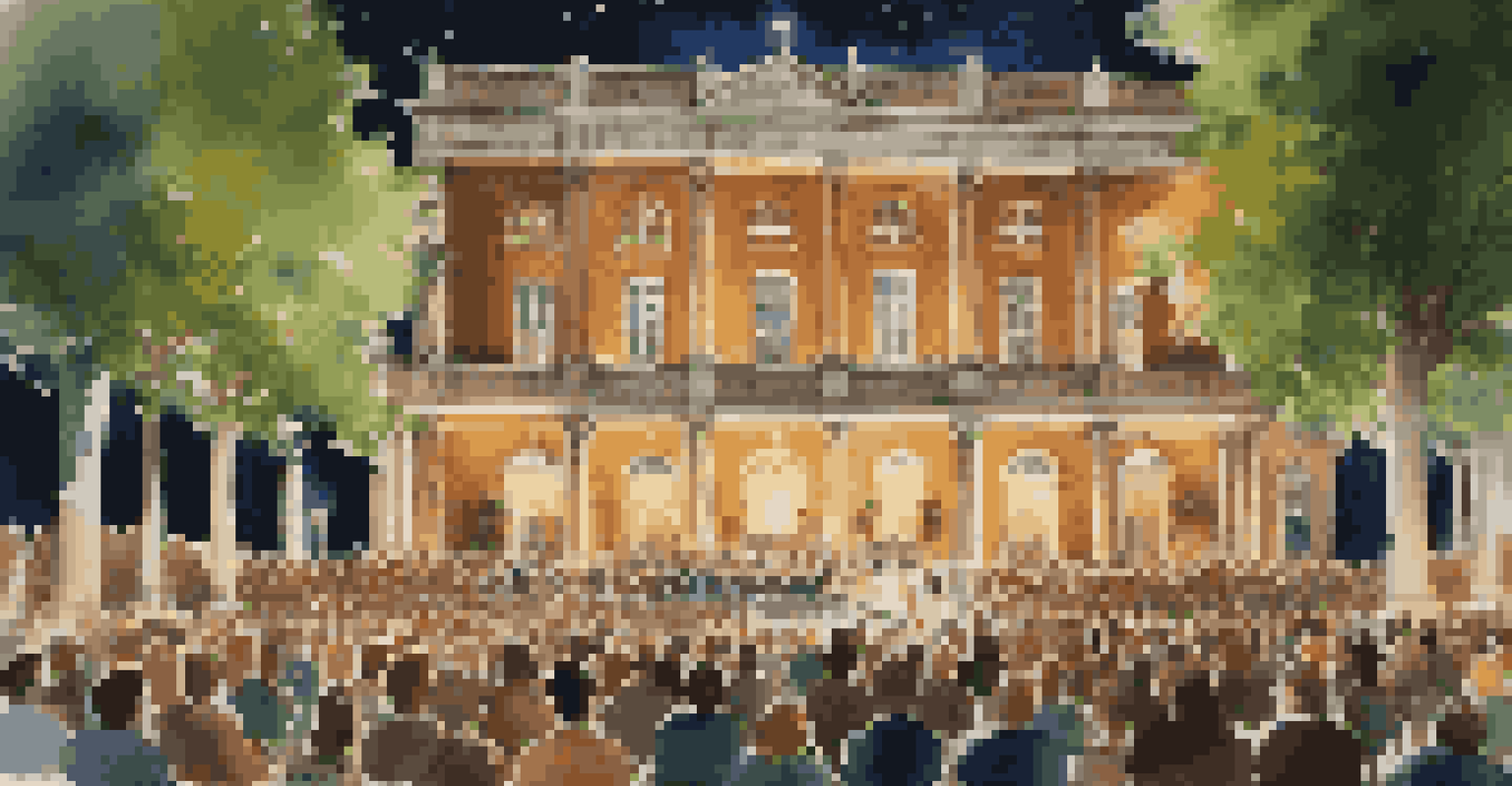 An outdoor concert at a historic venue with a captivated audience enjoying a live performance under a starry night sky.