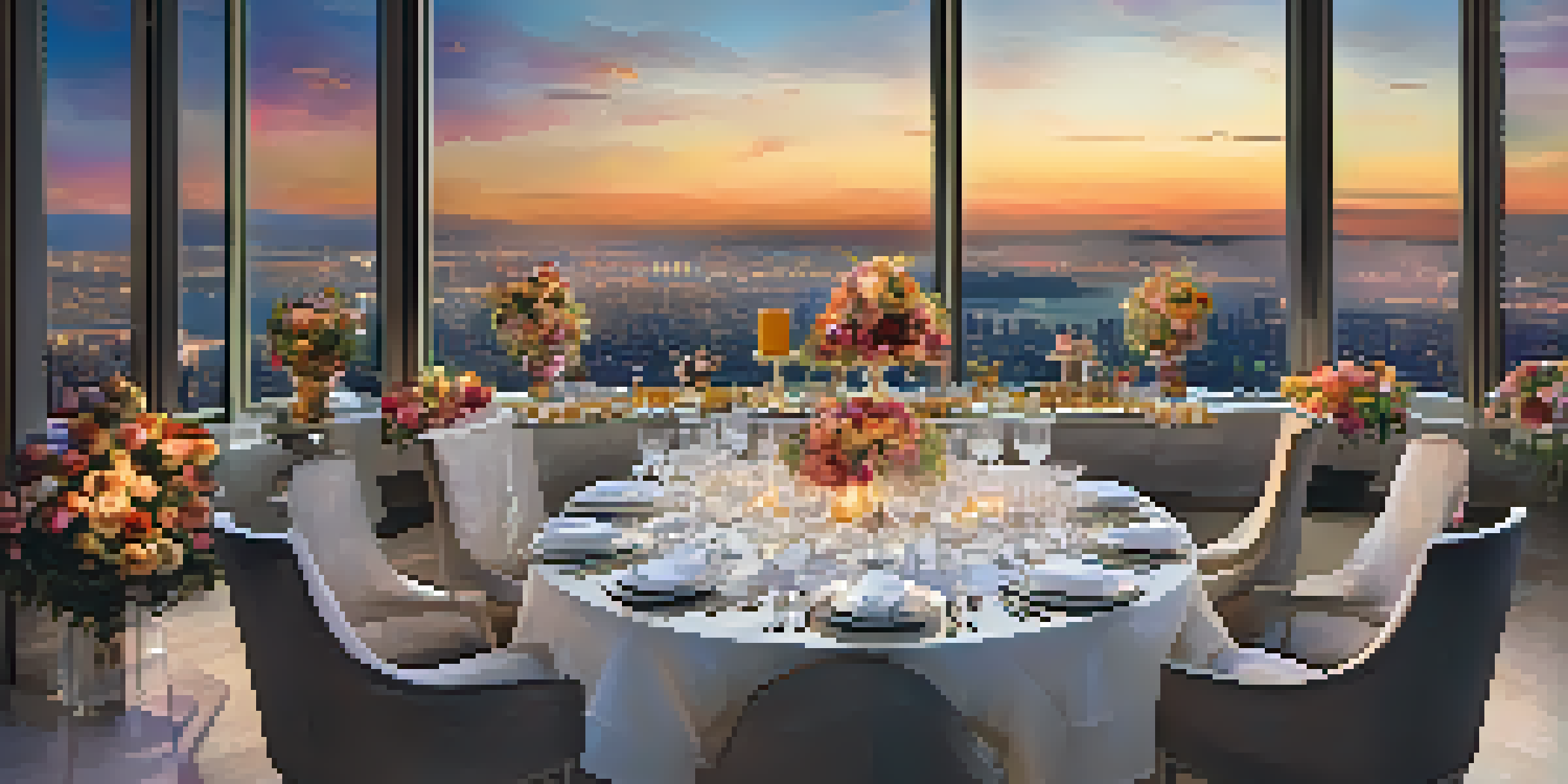 An aerial dining experience with elegantly arranged tables suspended above a city skyline at sunset, featuring fine dining elements and a vibrant atmosphere.