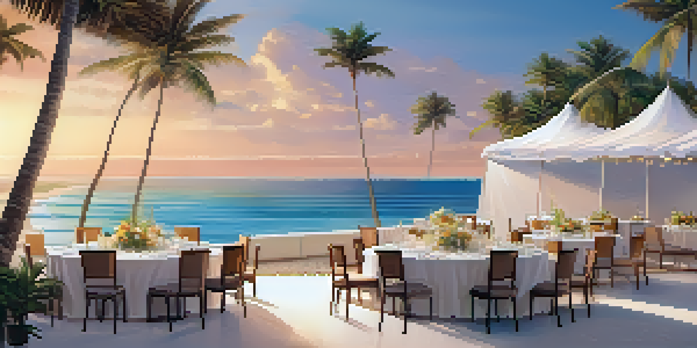 A beachfront resort with a conference setup under a tent, featuring a round table and chairs, with a sunset view over the ocean.