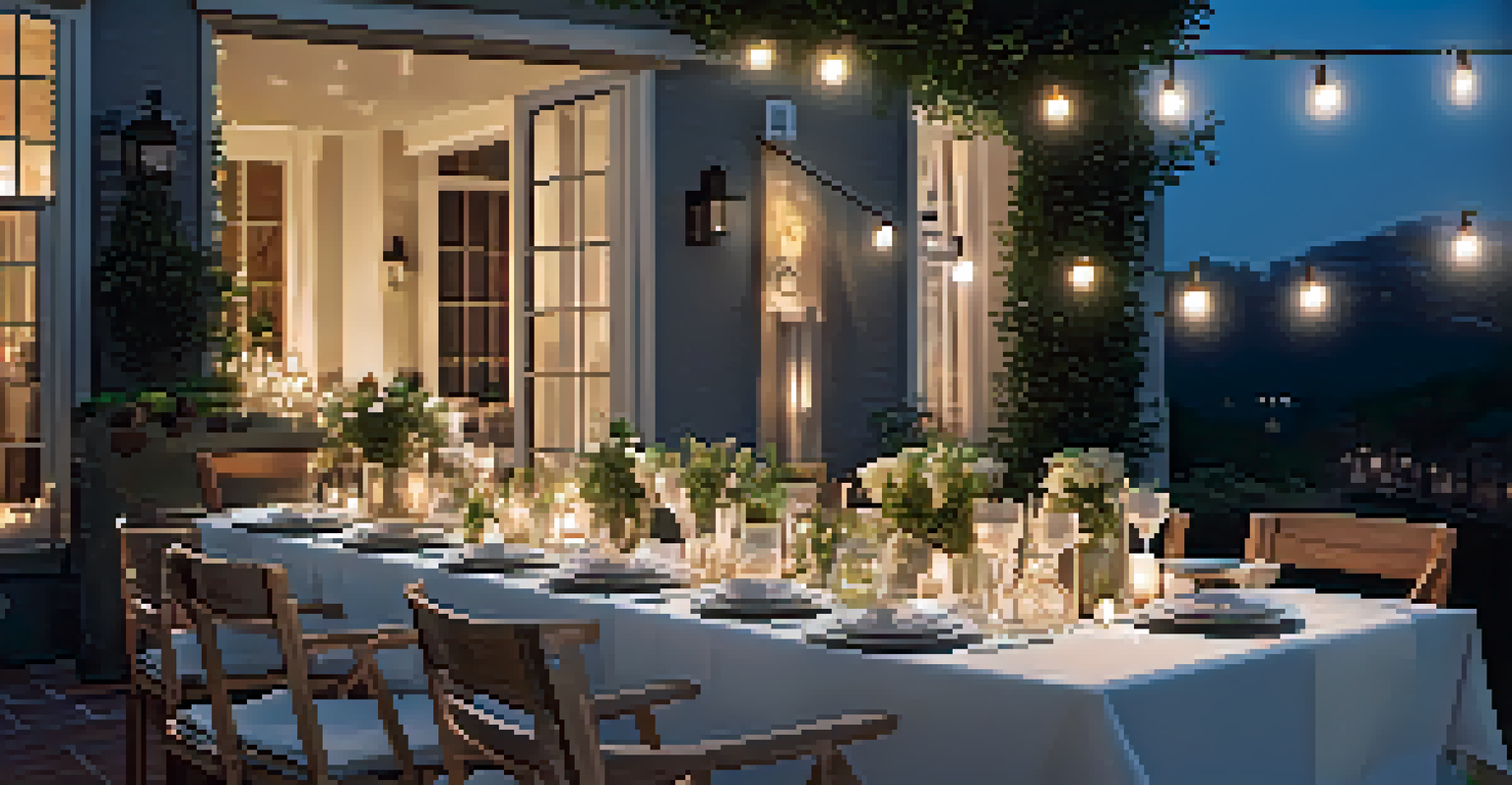 An outdoor patio scene with guests around a dinner table, illuminated by string lights and candles creating a festive atmosphere.