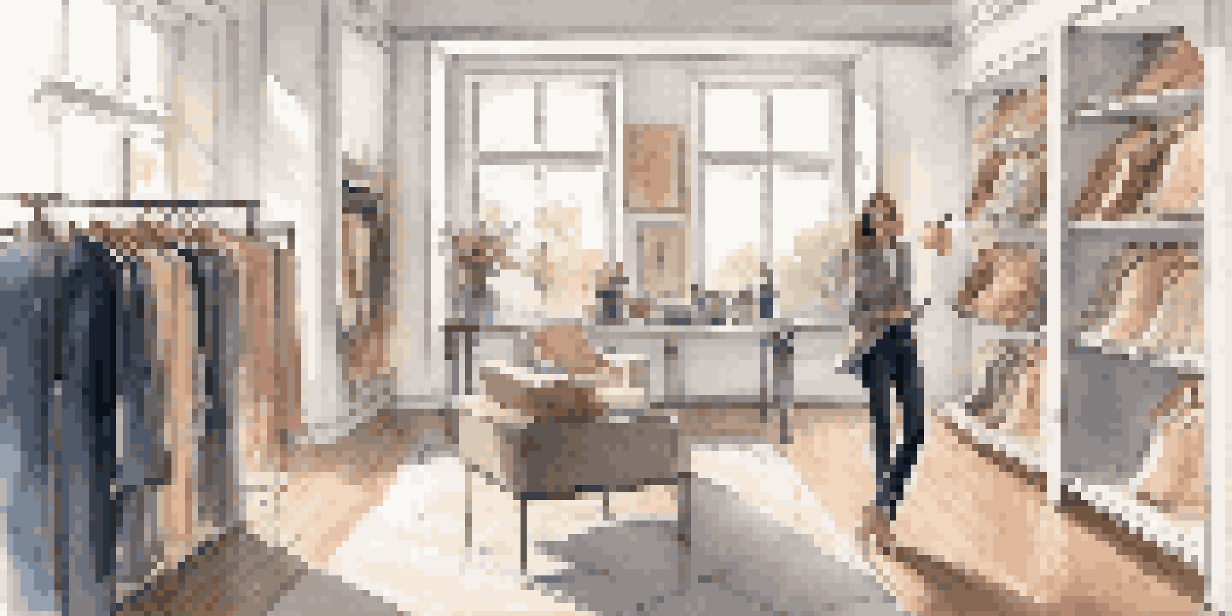 A luxury fashion influencer sketching designs in a stylish studio filled with elegant clothes, illuminated by natural light.