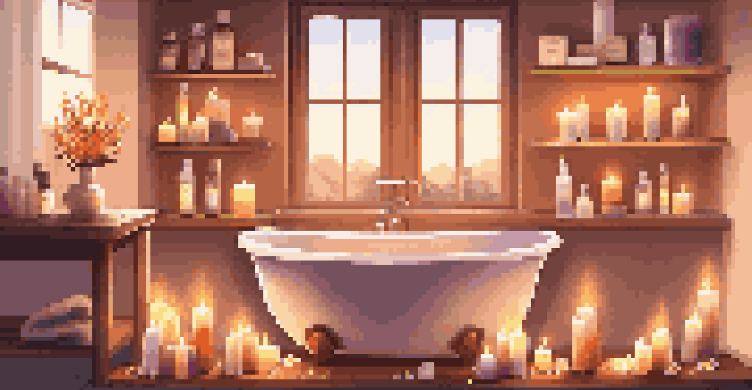 A cozy home spa setup with a warm bath filled with flower petals, lit candles, and essential oil bottles on a shelf.