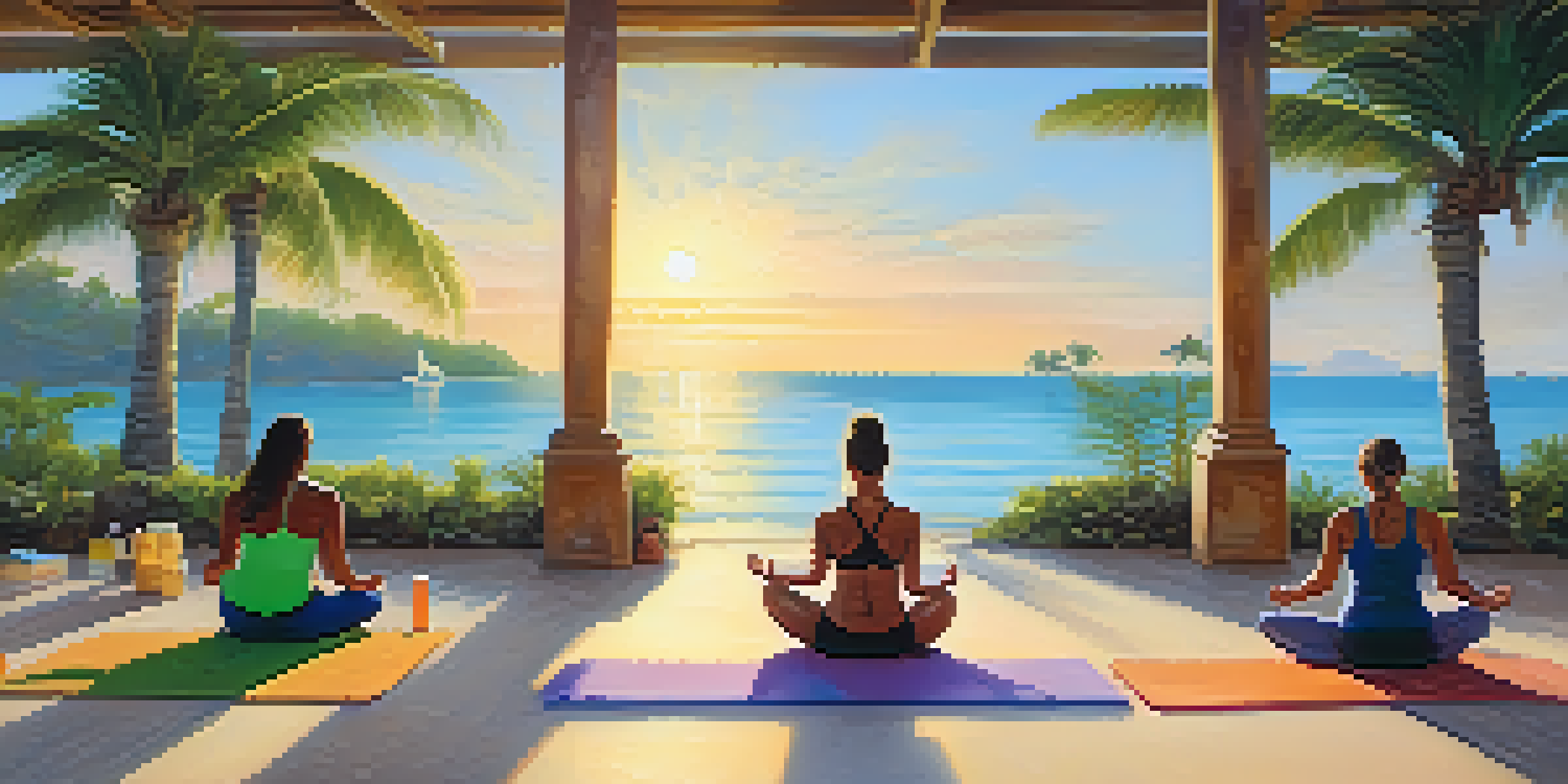Participants practicing yoga on a sun-drenched terrace during sunrise at a tropical beach fitness retreat, surrounded by palm trees and a calm ocean.