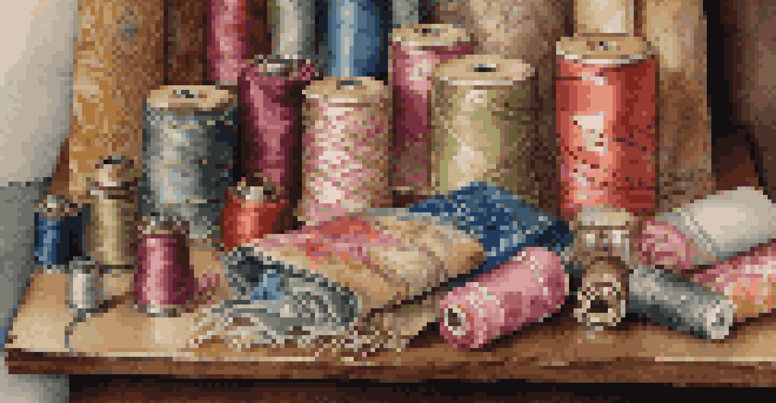 A collection of colorful vintage silk fabrics on a wooden table next to an antique sewing kit, with soft lighting enhancing their sheen.