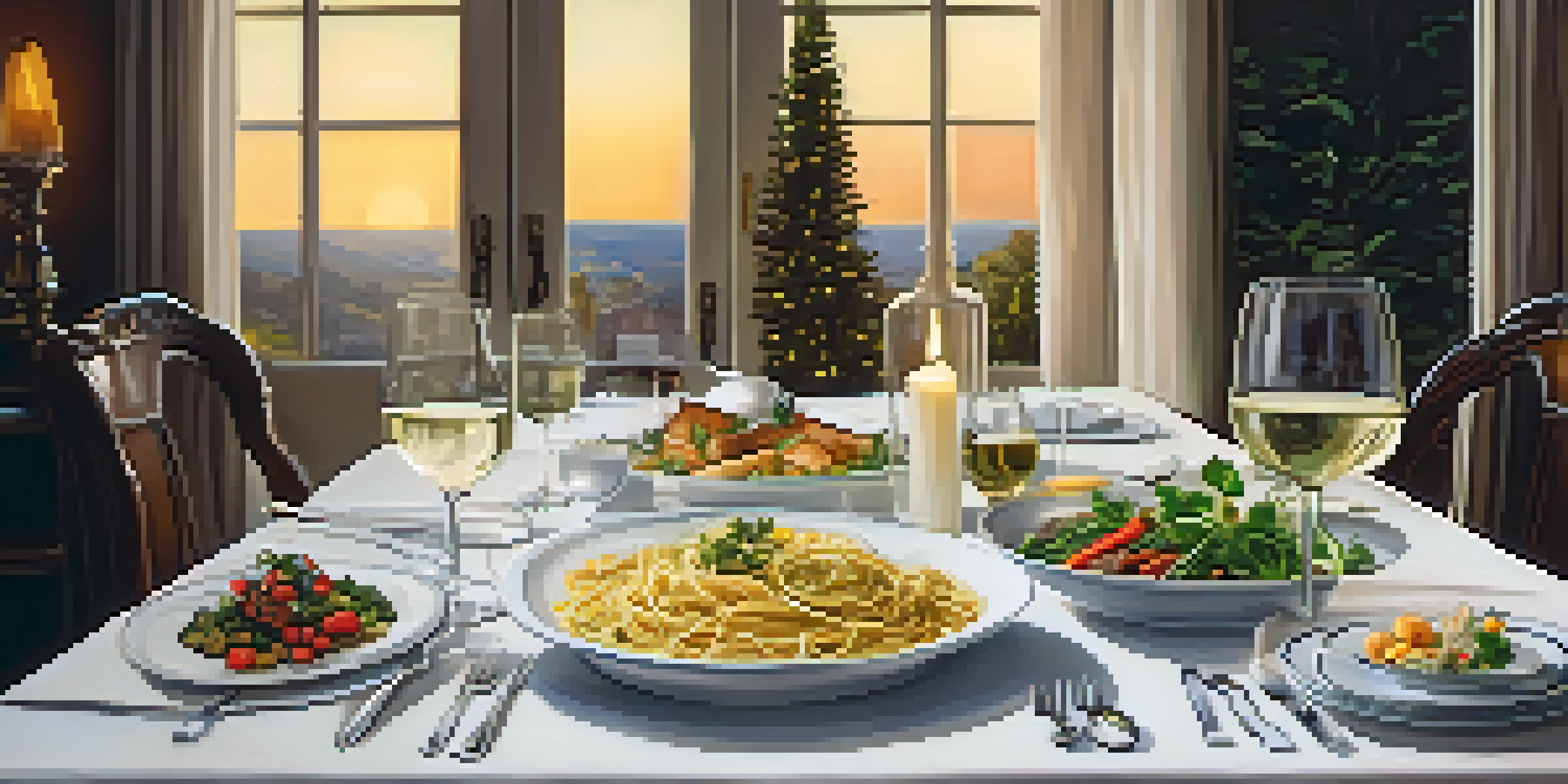 A dining table set with gourmet dishes and a glass of wine, illuminated by candlelight.