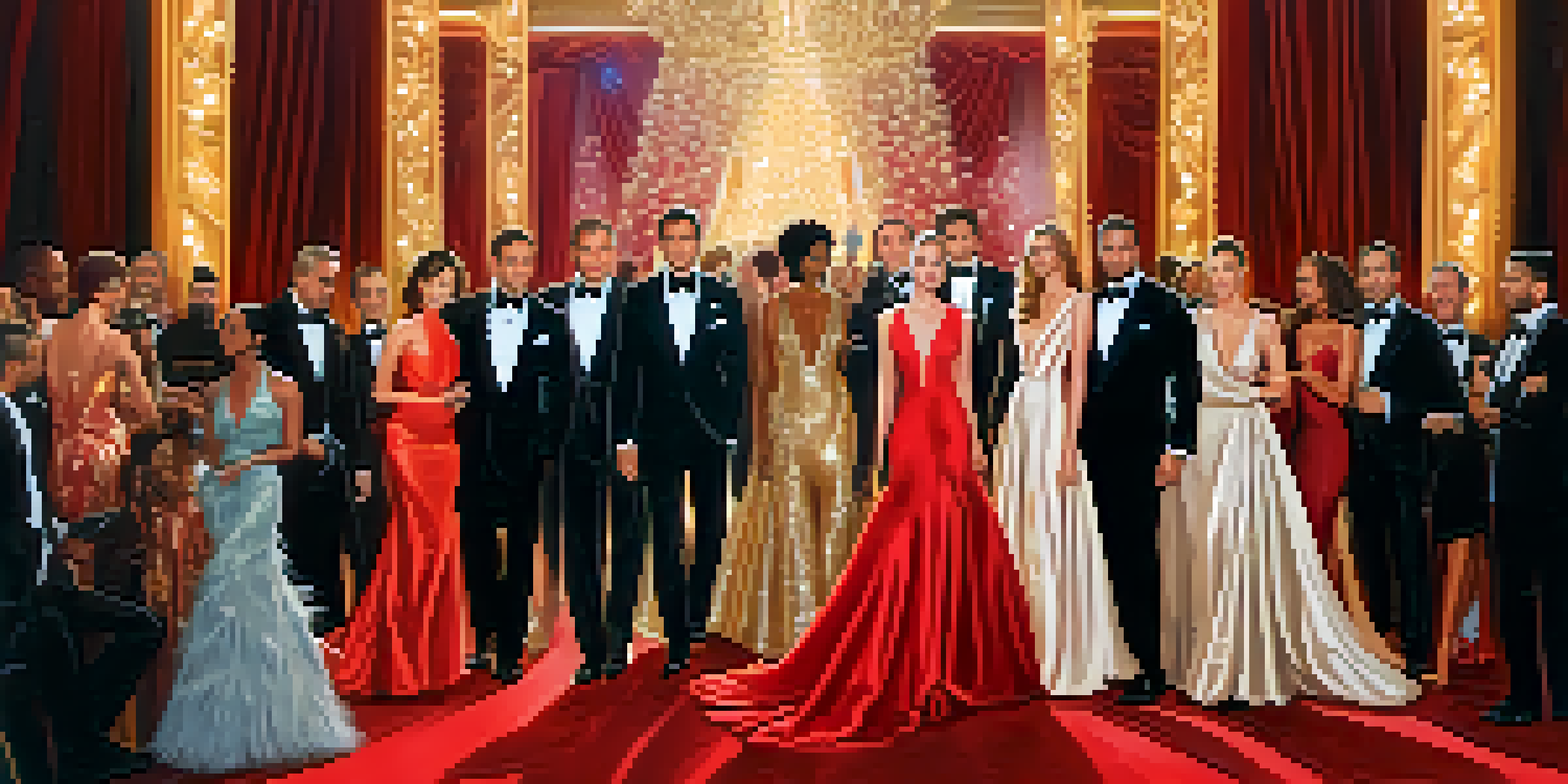 A colorful red carpet event with celebrities wearing elegant attire, surrounded by photographers in a beautifully lit venue.