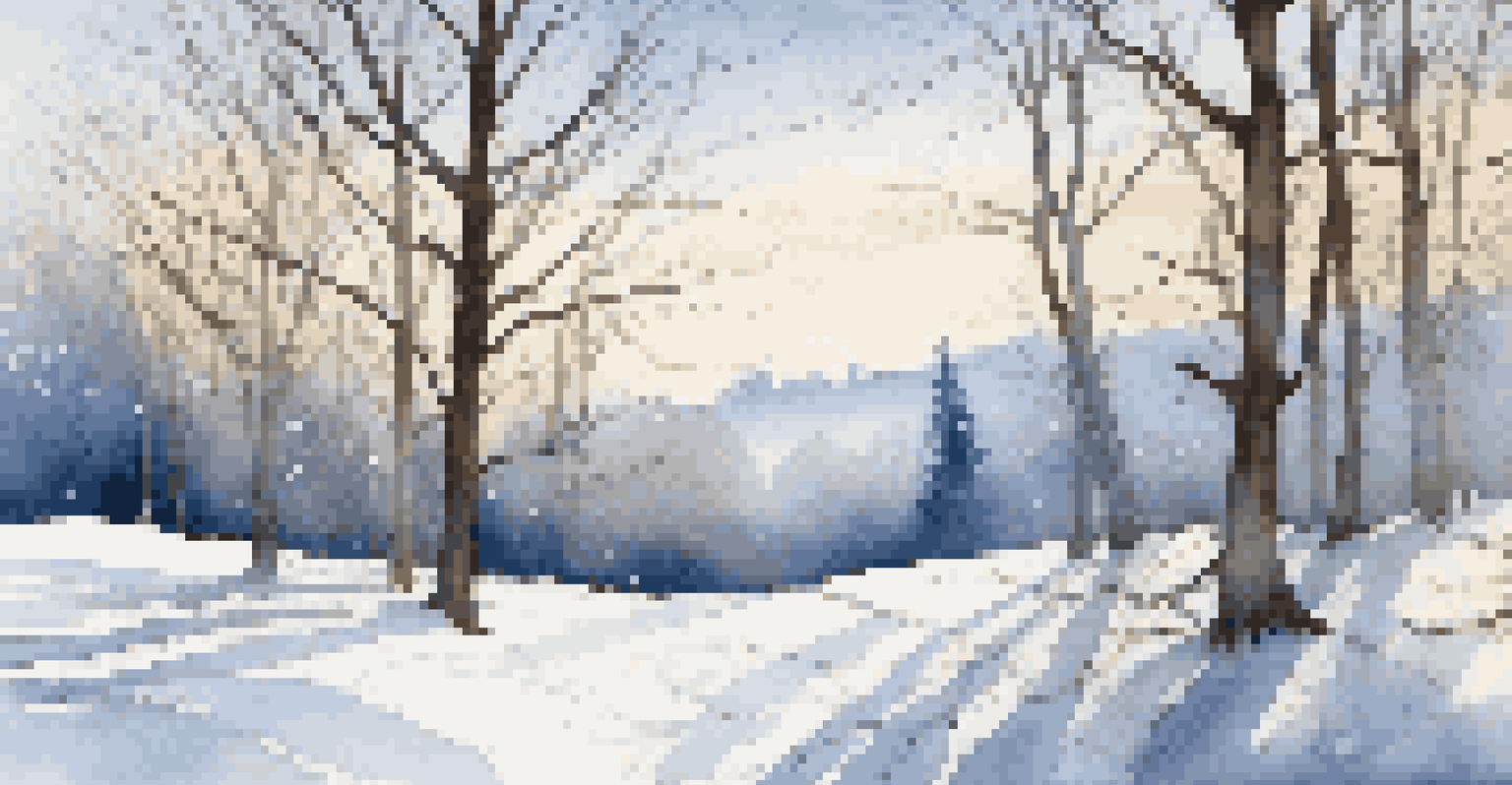 A tranquil winter garden with snow-dusted evergreen trees and bare branches silhouetted against a blue sky, with sparkling frost on the ground.