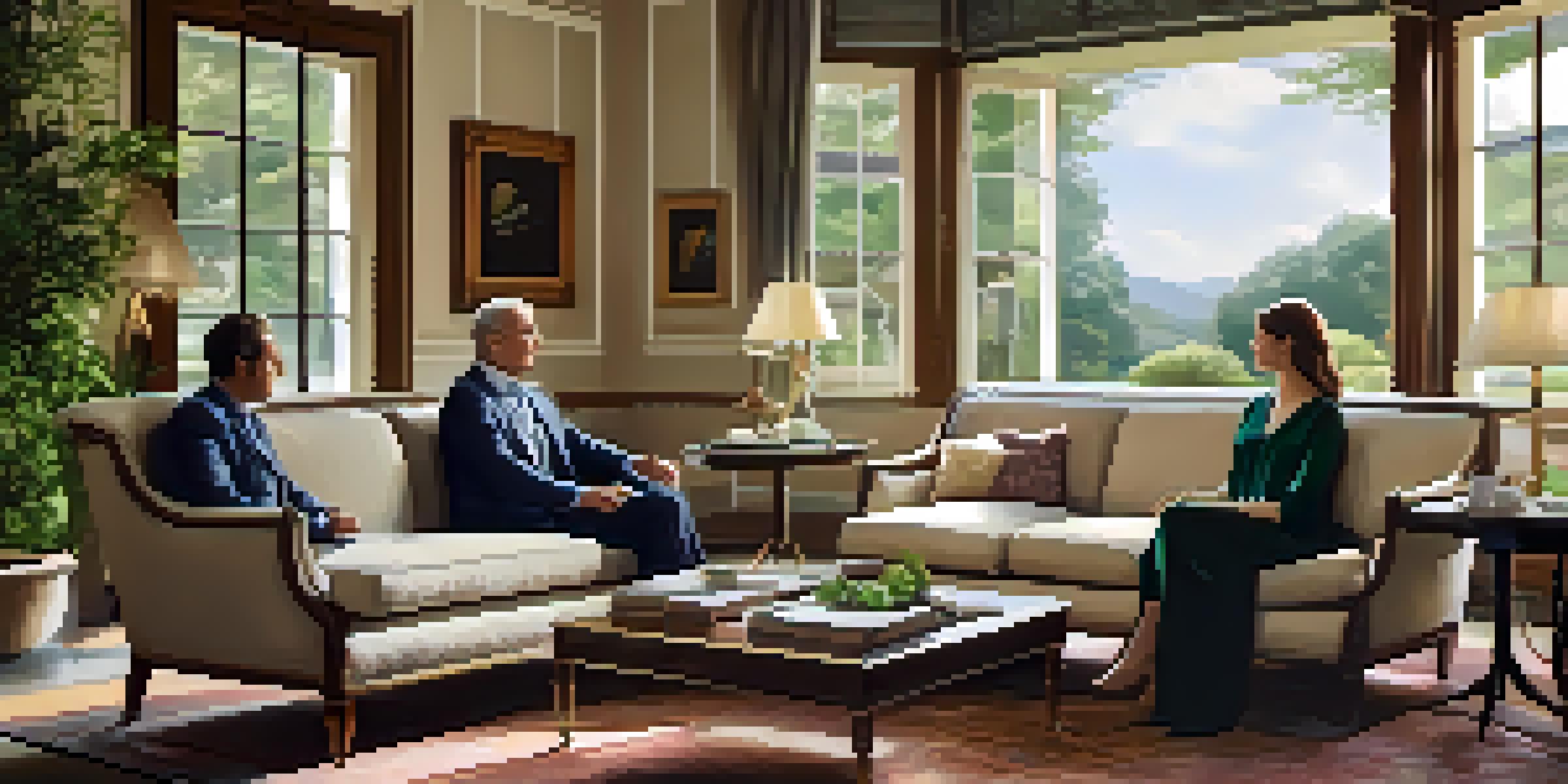 A luxury coaching session with a professional coach and a young couple in a beautifully decorated room, surrounded by soft lighting and a garden view.