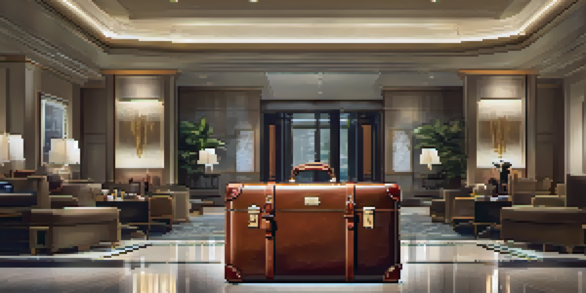 A leather suitcase in a hotel lobby, open with organized luxury clothing and toiletries inside.