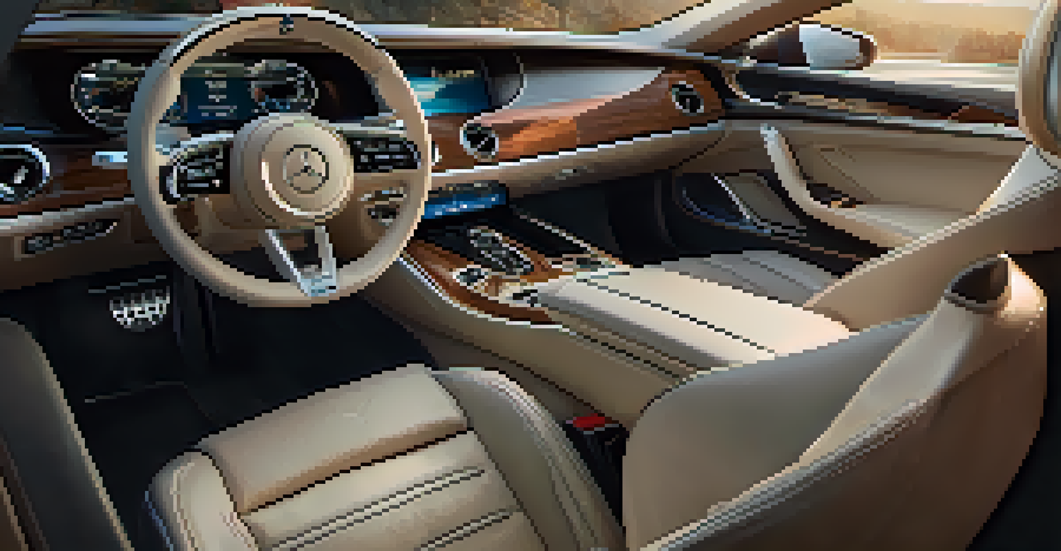 Close-up of a luxury car interior with leather seats and advanced technology displays, softly illuminated.