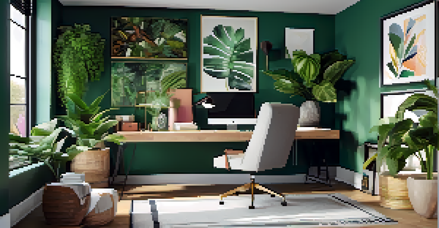 A colorful home office with bold art, an organized desk, a cozy chair, and indoor plants, illuminated by adjustable lighting.