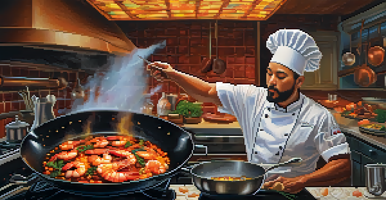 A chef flambéing shrimp in a skillet with bright flames in a well-lit kitchen.