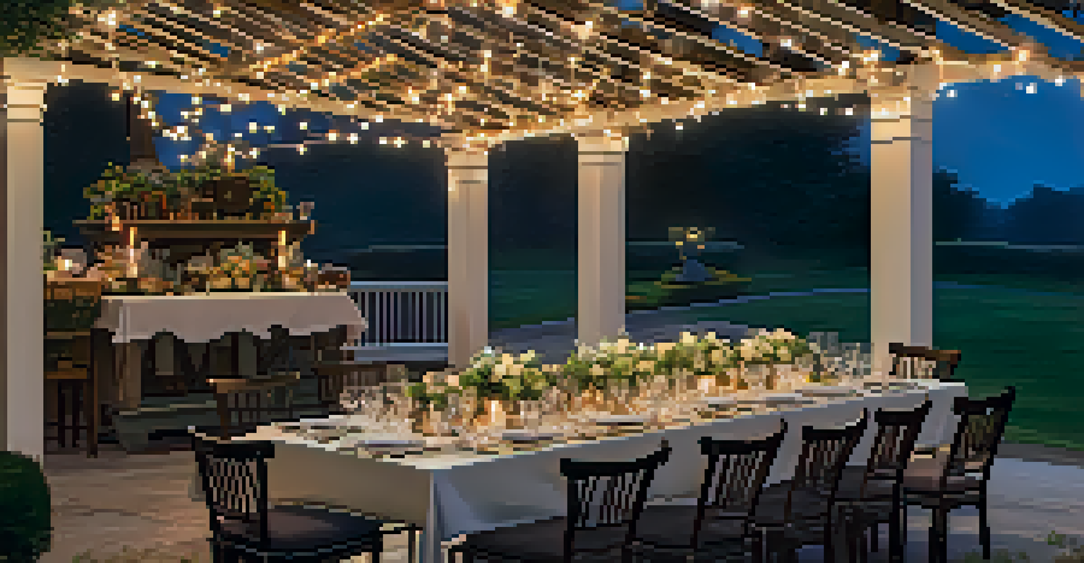 An outdoor dining area decorated with fairy lights and a beautifully set table for a dinner party.