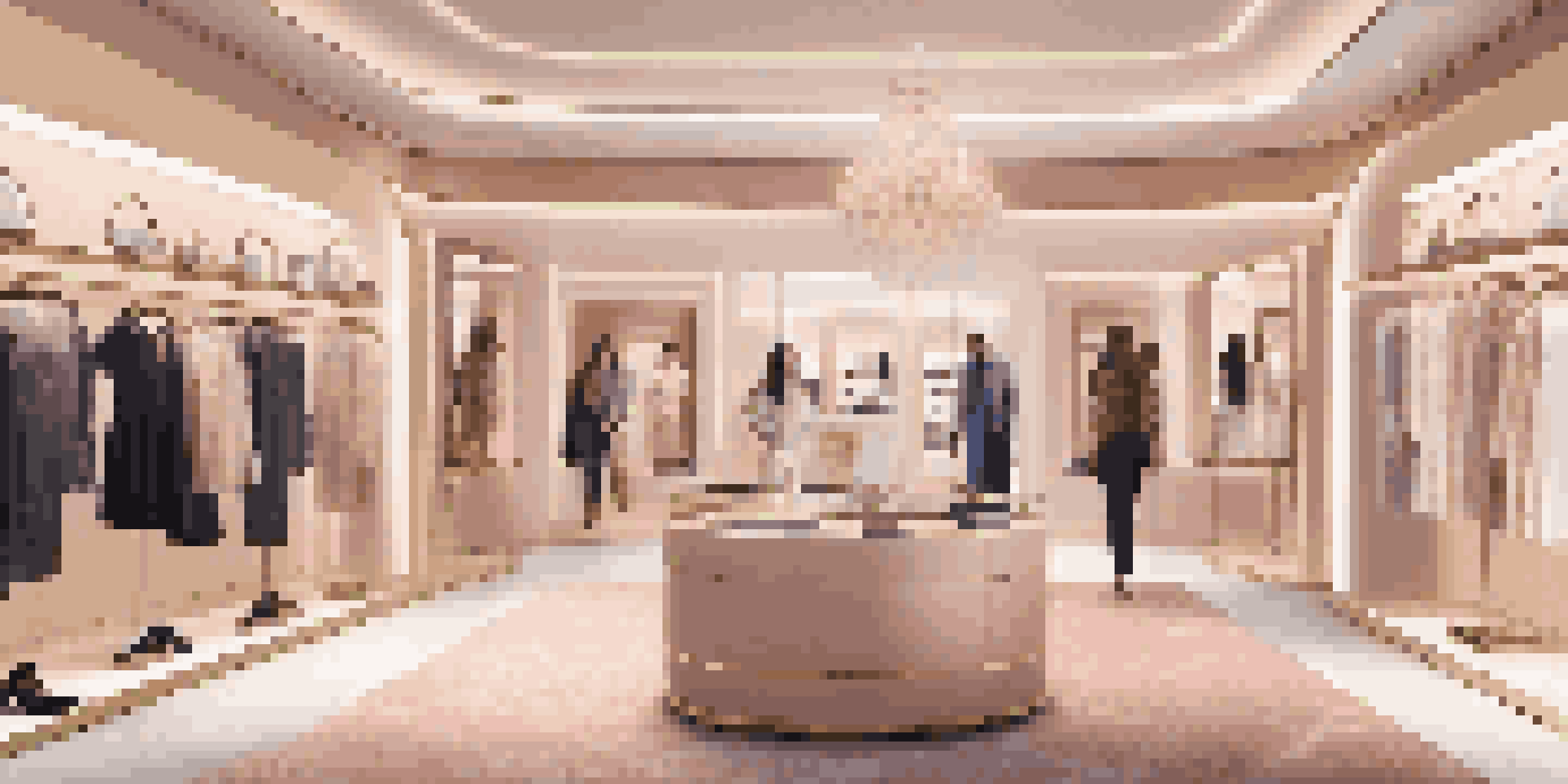 An elegant luxury boutique interior with a virtual reality setup for trying on designer outfits, featuring soft lighting and modern decor.