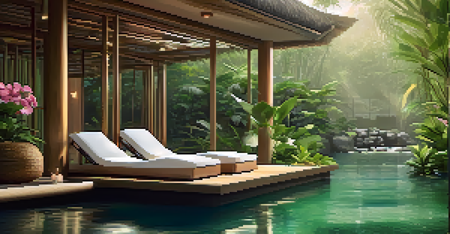 An outdoor meditation area in a luxurious jungle spa with bamboo mats and flowing water.