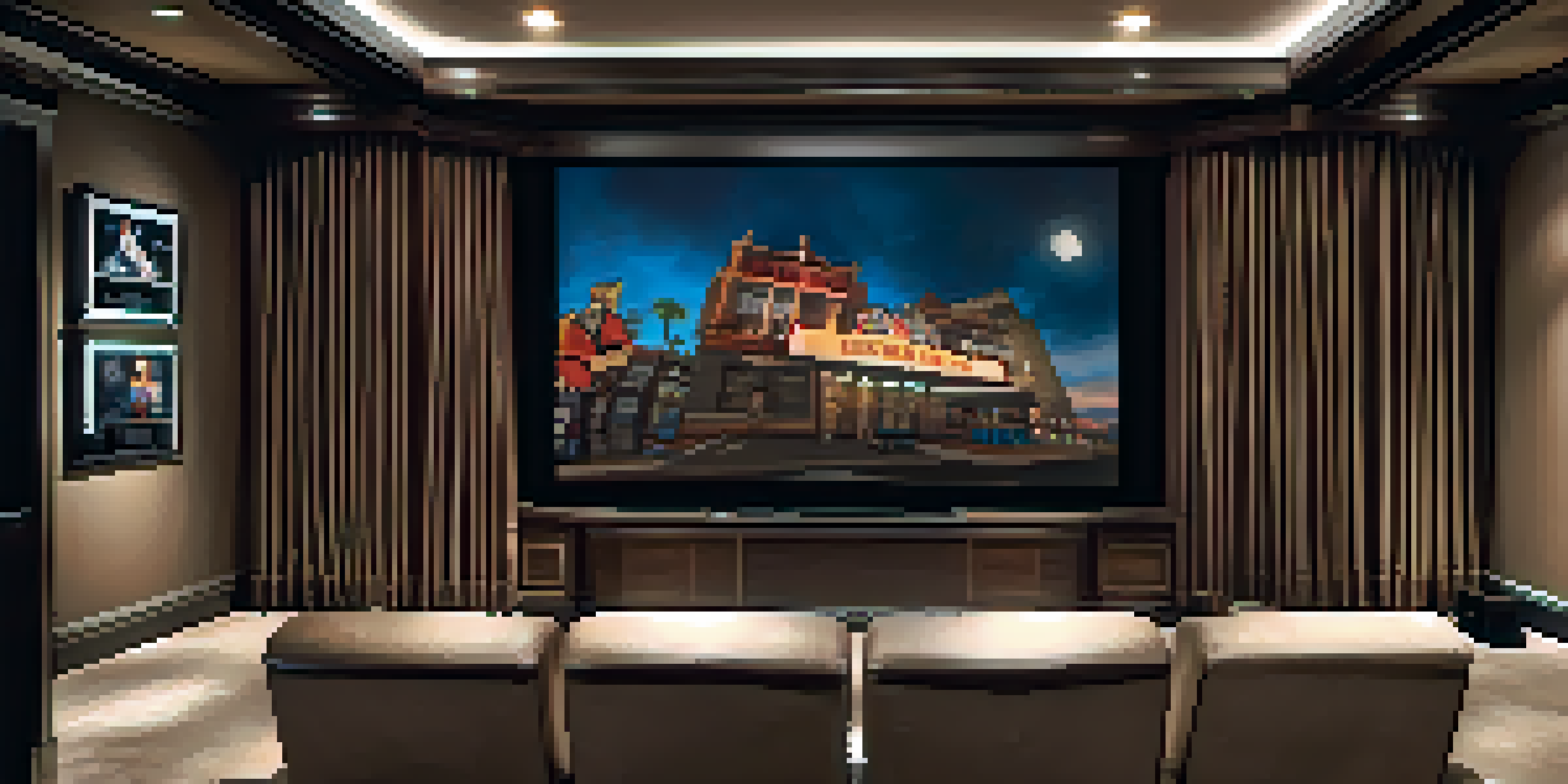 A luxurious home theater with recliner seating, a large screen, and ambient lighting.