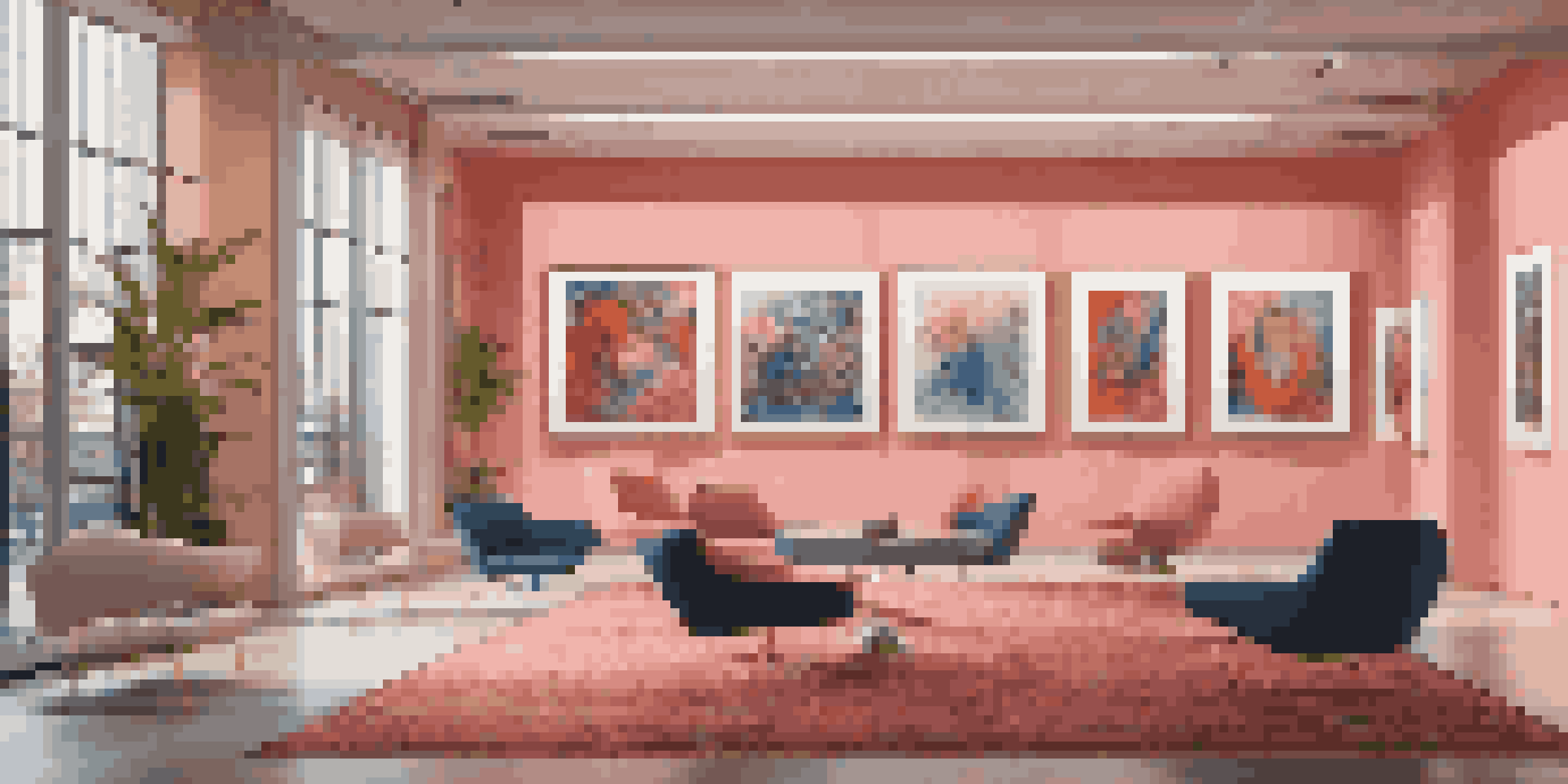 A digital art gallery filled with colorful abstract artworks and modern furniture, featuring a virtual reality setup for immersive experiences.