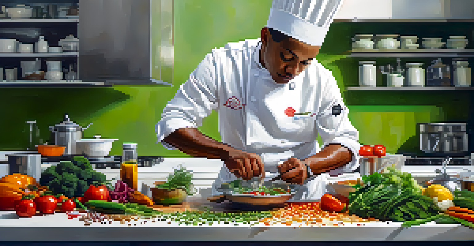 A chef actively preparing a colorful dish in a modern kitchen with fresh ingredients and natural light illuminating the scene.