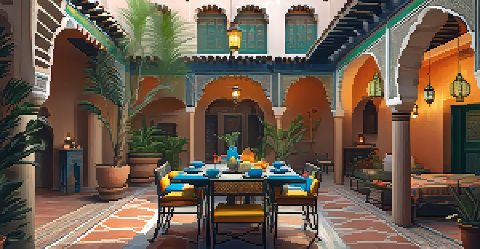 A traditional Moroccan riad with beautiful tile work, an indoor courtyard with lanterns, and a table set with local cuisine.
