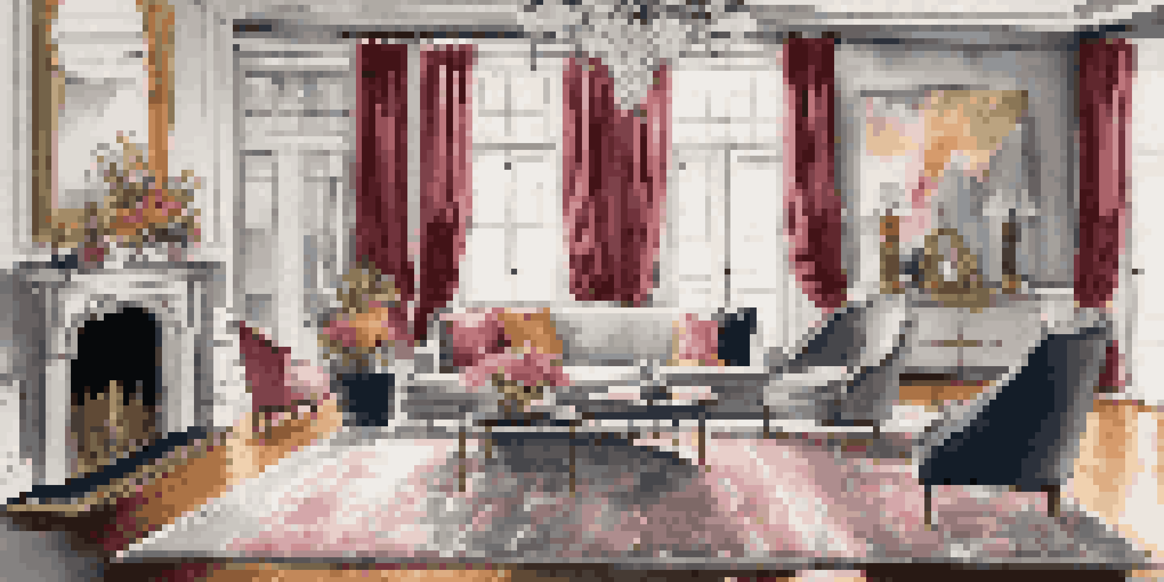 A beautifully designed luxurious living room with modern and classic elements, featuring elegant furniture and a bright chandelier.