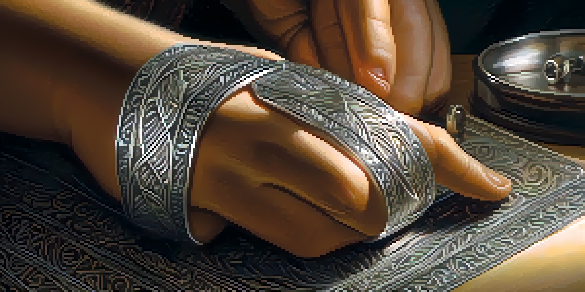 An artisan engraving intricate patterns on a silver bracelet, showcasing detailed craftsmanship and warm lighting.