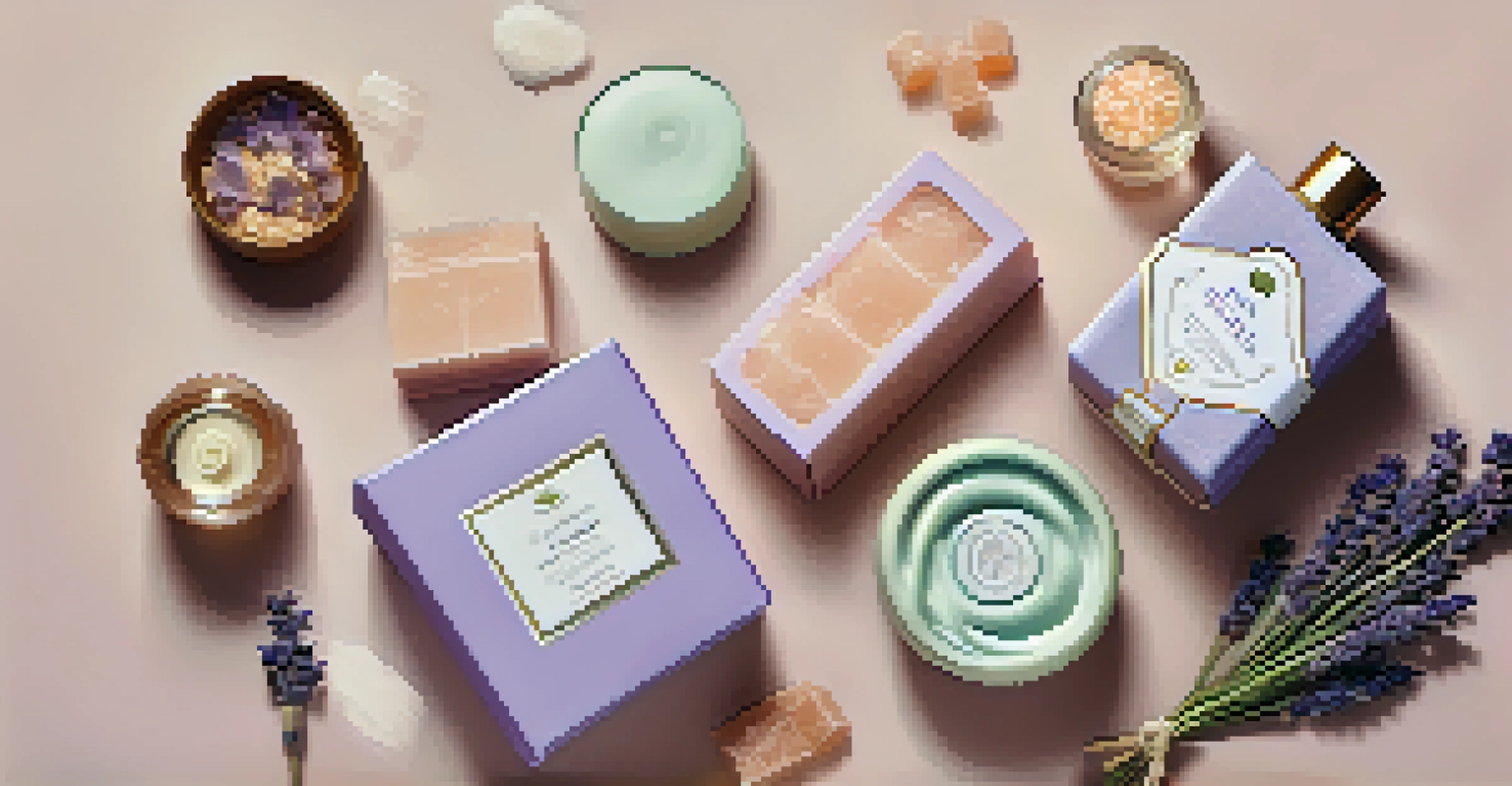 Flat lay of luxury soaps with elegant packaging and natural ingredients on a pastel background.