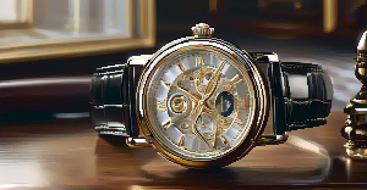 A close-up of a luxury watch with a leather strap and metal case on a wooden table, illuminated by soft light.