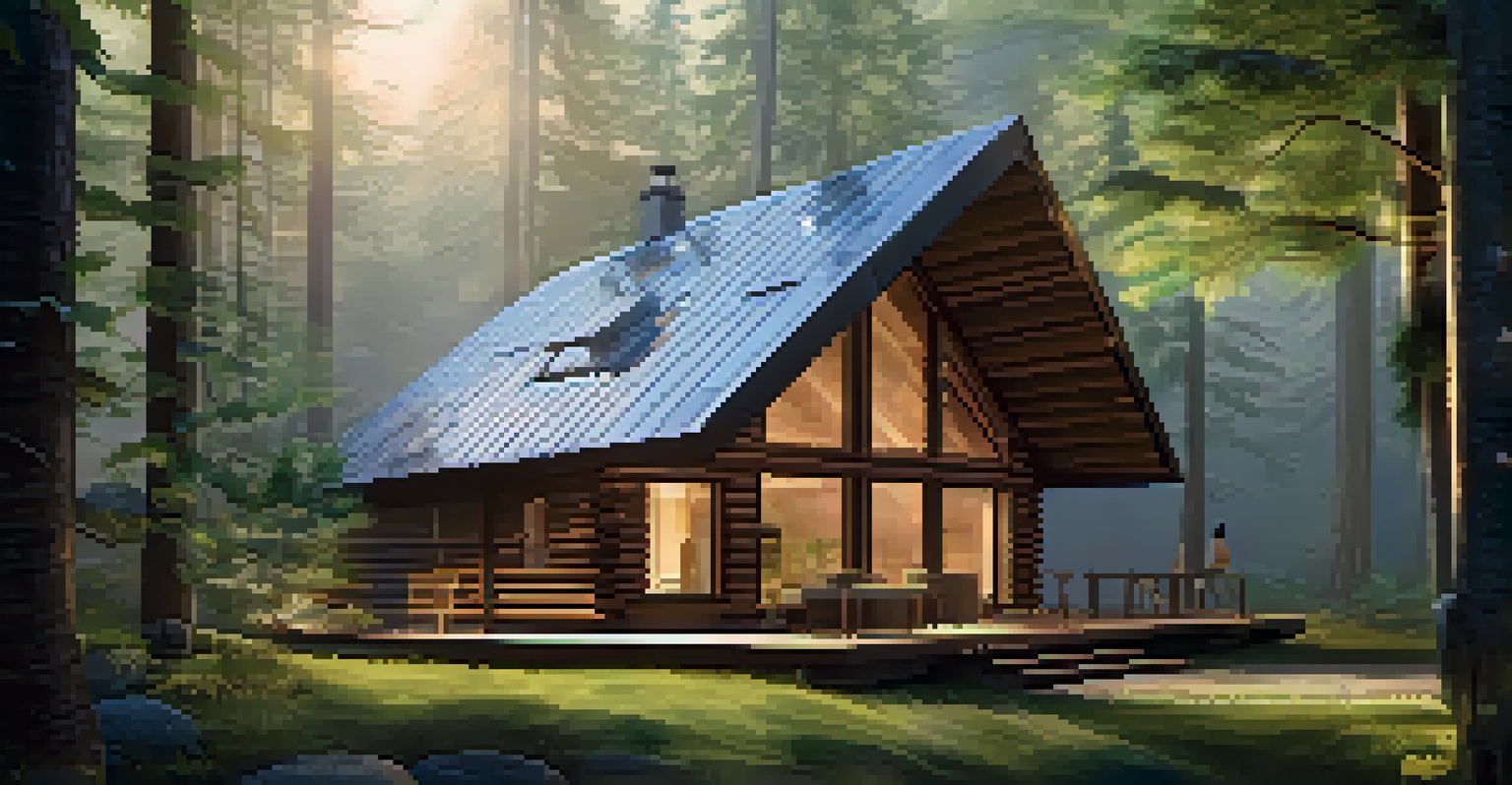 A wooden cabin in a forest with a wellness app interface projected onto a tree, symbolizing relaxation and technology.