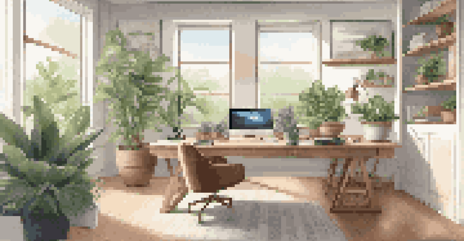 A serene home office with plants, natural light, and a digital air quality monitor for a healthy workspace.