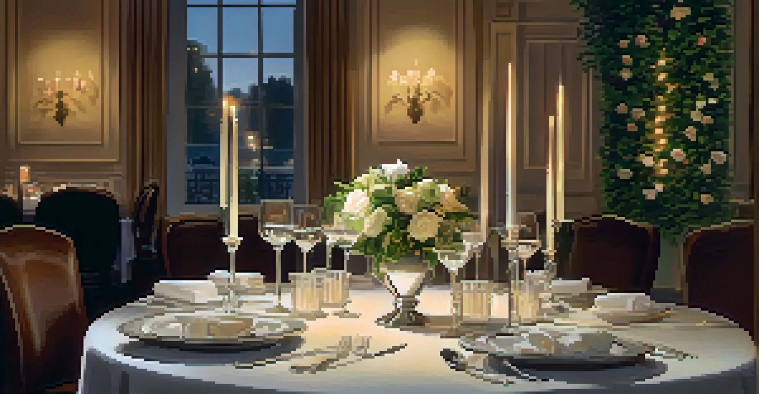 A fine dining table elegantly set with candlelight and a floral centerpiece in an upscale restaurant.