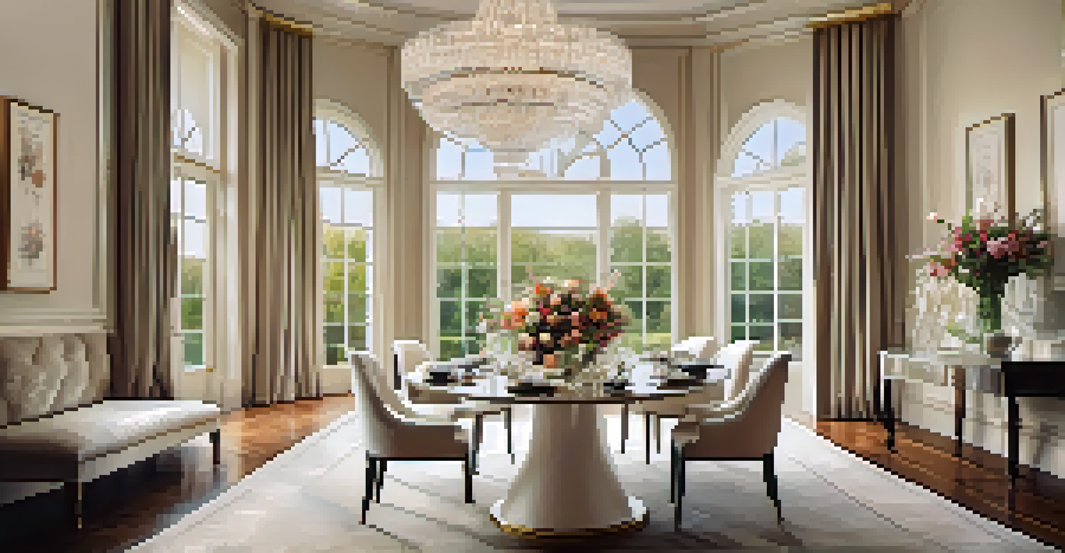 An elegant dining area featuring a marble table and plush chairs, illuminated by a crystal chandelier, with art pieces on the walls and a view of a garden.