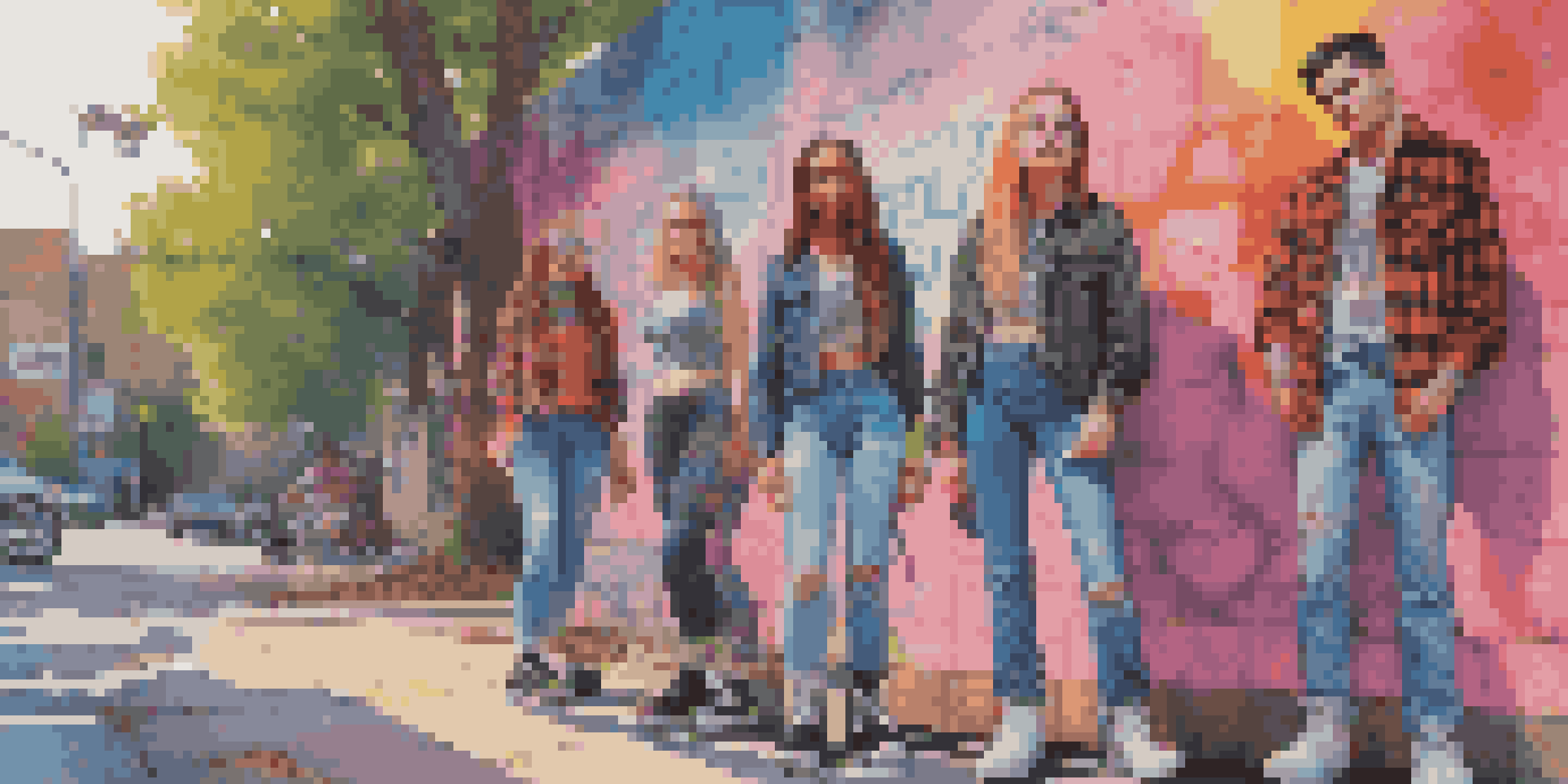 A group of young adults in 90s grunge fashion against a colorful graffiti backdrop, showcasing a vibrant street scene filled with sunlight and playful shadows.